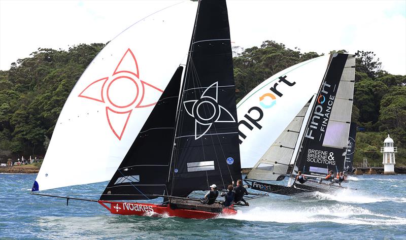 Three-way battle for fourth place between Rag and Famish Hotel, Finport Finance and Noakesailing during race 1 of the 100th 18ft Skiff Australian Championship photo copyright Michael Chittenden taken at Australian 18 Footers League and featuring the 18ft Skiff class