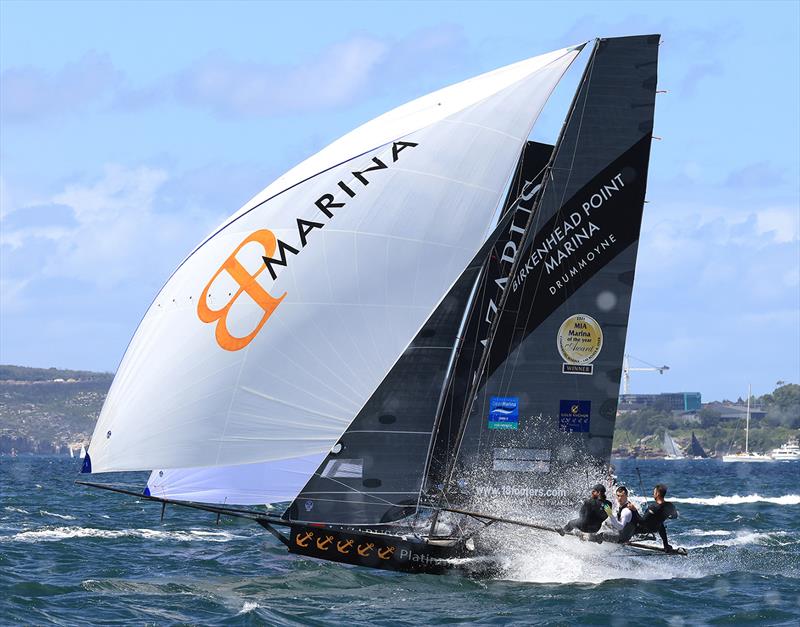 Birkenhead Point Marina and Lazarus Capital Partners on the first spinnaker run during race 1 of the 100th 18ft Skiff Australian Championship photo copyright Michael Chittenden taken at Australian 18 Footers League and featuring the 18ft Skiff class