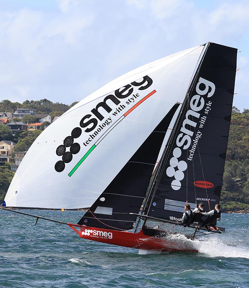 Smeg was fast downwind during race 1 of the 100th 18ft Skiff Australian Championship photo copyright Michael Chittenden taken at Australian 18 Footers League and featuring the 18ft Skiff class