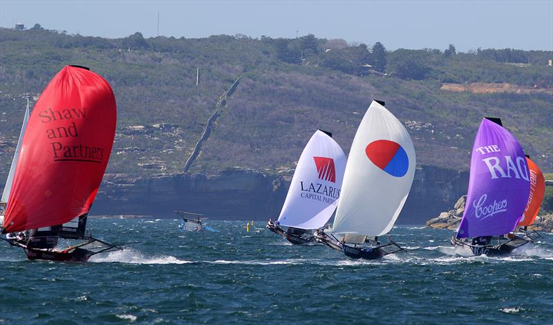 Shaw and Partners leads the fleet from the top mark during 18ft Skiff Club Championship Race 17 photo copyright Frank Quealey taken at Australian 18 Footers League and featuring the 18ft Skiff class