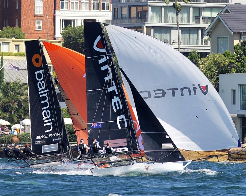 German team (Vintec) and Balmain Slake in tight spinnaker contest on the first lap off the course during 18ft Skiff Club Championship Race 17 photo copyright Frank Quealey taken at Australian 18 Footers League and featuring the 18ft Skiff class