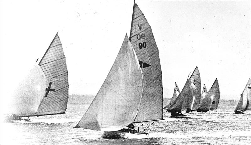 Australia's St George and NZ's Jeanette vying for the lead in Race 2 of the 1939 World 18 Footer Championships photo copyright Frank Quealey taken at Australian 18 Footers League and featuring the 18ft Skiff class