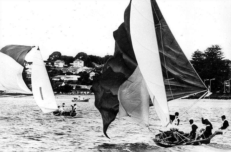 Hugh Treharne's The Fox chasing Schemer at the 1963 World 18 Footer Championships in Auckland photo copyright Frank Quealey taken at Australian 18 Footers League and featuring the 18ft Skiff class