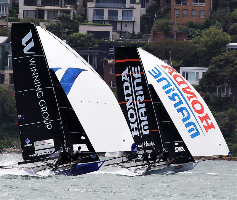 2020 Honda Marine (NZ) leads Winning Group (Aust) at the Mark Foy Trophy on Sydney Harbour photo copyright Frank Quealey taken at Australian 18 Footers League and featuring the 18ft Skiff class