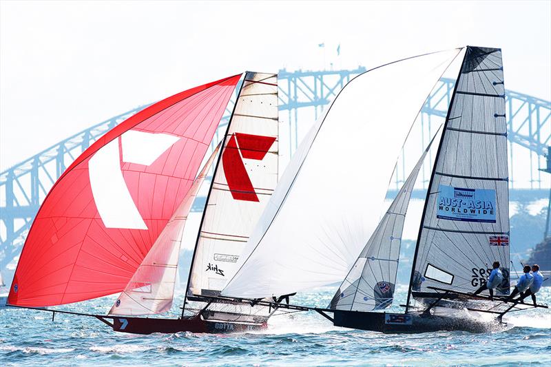Seve Jarvin's 2010 winner Gotta Love It 7 leads defending champion Rob Greenhalgh's Aust-Asia Worldwide team on Sydney Harbour - Mark Foy Trophy photo copyright Frank Quealey taken at Australian 18 Footers League and featuring the 18ft Skiff class