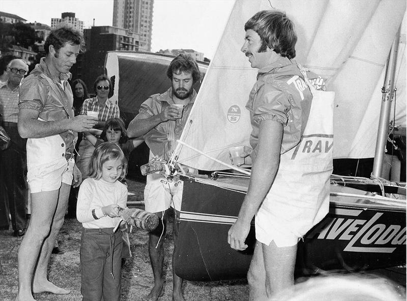 Christening of TraveLodge in 1975-76, John 'Woody' Winning's first season in the 18s photo copyright Frank Quealey taken at Australian 18 Footers League and featuring the 18ft Skiff class