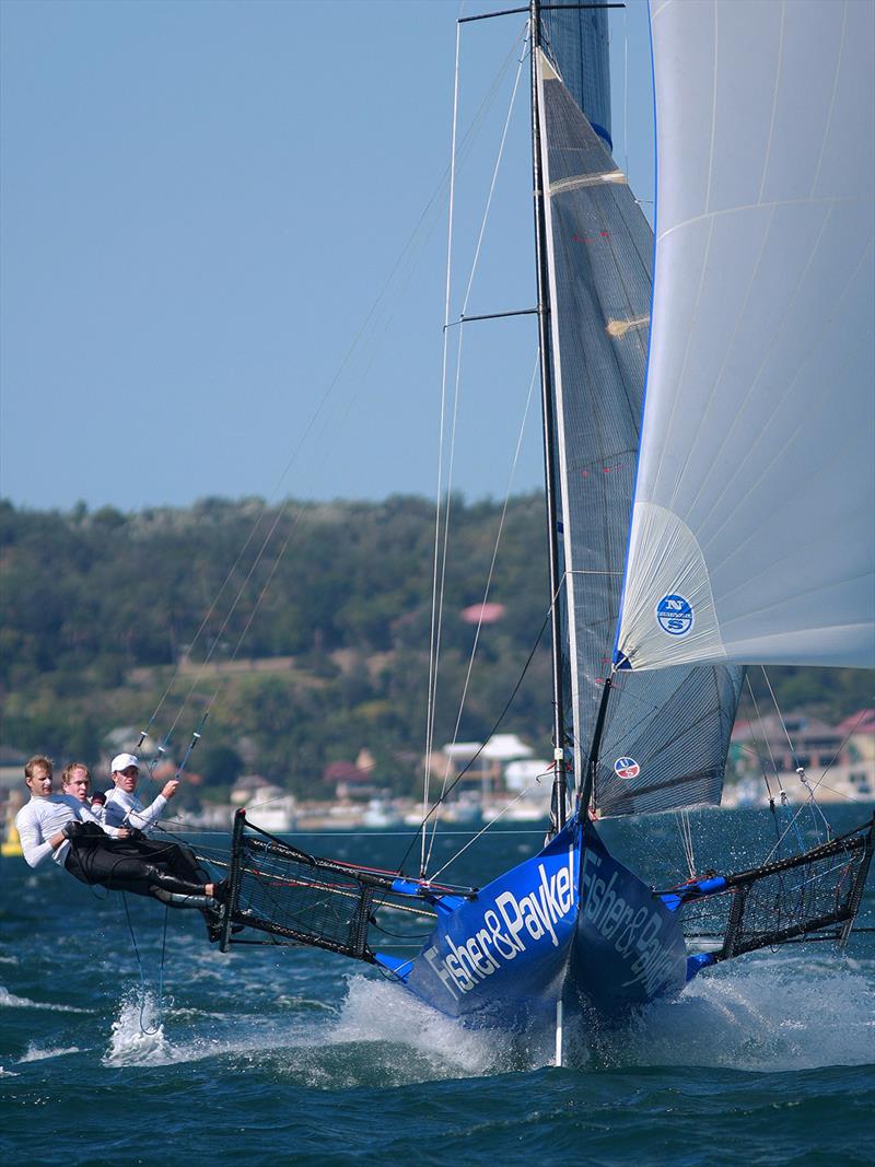 The crew make it look easy on the spinnaker run - Fisher & Paykel photo copyright Frank Quealey taken at Australian 18 Footers League and featuring the 18ft Skiff class