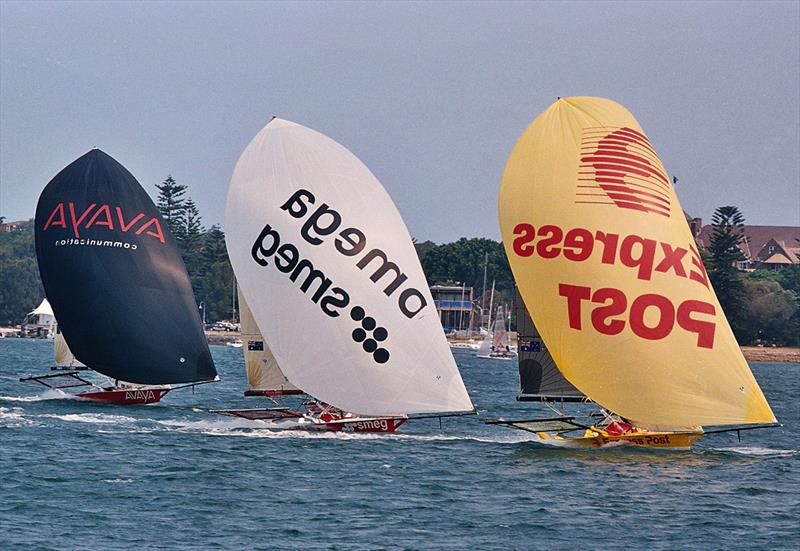 Express Post leads Omega Smeg and Italy's Avaya during the 2002 regatta - JJ Giltinan World Championship photo copyright Frank Quealey taken at Australian 18 Footers League and featuring the 18ft Skiff class