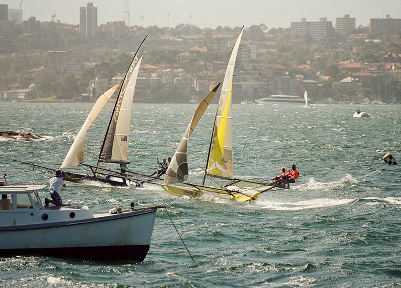 Aristocrat beats RMW Marine by just 1s in Race 3 of 2003 regatta - JJ Giltinan World Championship photo copyright Frank Quealey taken at Australian 18 Footers League and featuring the 18ft Skiff class