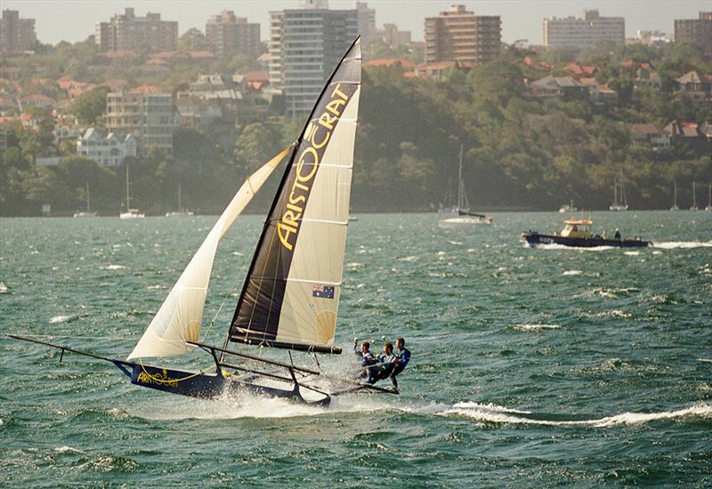 Aristocrat crew drive their skiff to victory - JJ Giltinan World Championship photo copyright Frank Quealey taken at Australian 18 Footers League and featuring the 18ft Skiff class