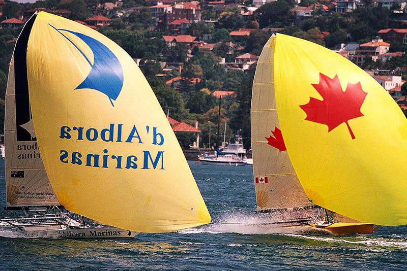 John Winning's d'Albora Marinas chases down Team Canada during the 2002 regatta - JJ Giltinan World Championship photo copyright Frank Quealey taken at Australian 18 Footers League and featuring the 18ft Skiff class
