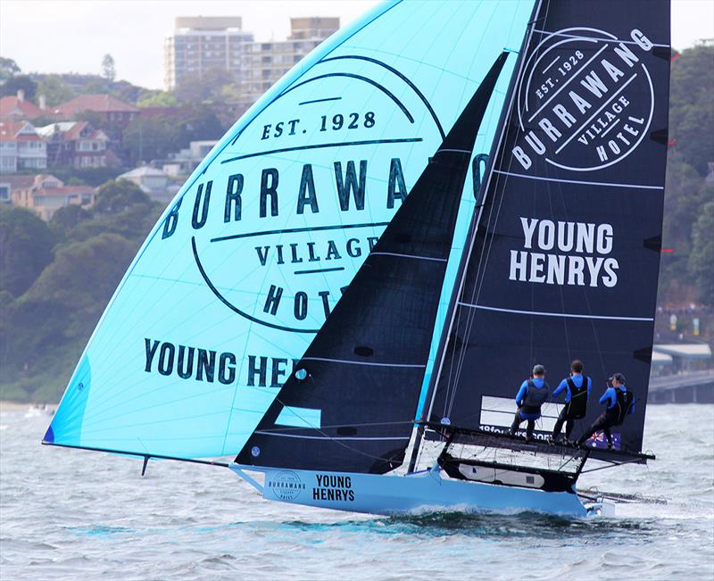 Burrawang-Young Henrys led the race early in last Sunday's Race1 of the Spring Championship photo copyright Frank Quealey taken at Australian 18 Footers League and featuring the 18ft Skiff class