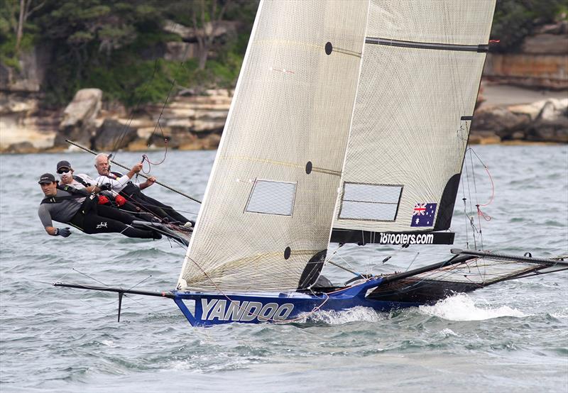 Yandoo's team on the work to the first top mark during 18ft Skiff Spring Championship Race 3 - Mick Scully Memorial Trophy photo copyright Frank Quealey taken at Australian 18 Footers League and featuring the 18ft Skiff class