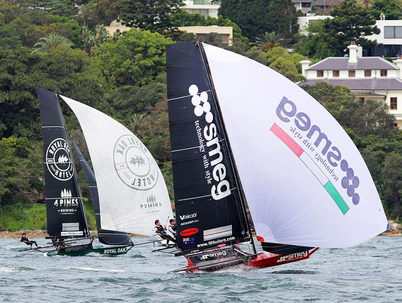 Smeg and The Royal Oak on the run into Rose Bay last Sunday - Spring Championship photo copyright Frank Quealey taken at Australian 18 Footers League and featuring the 18ft Skiff class