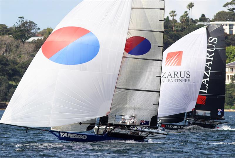 Yandoo and Lazarus vie for the lead in Race 1 - Spring Championship photo copyright Frank Quealey taken at Australian 18 Footers League and featuring the 18ft Skiff class