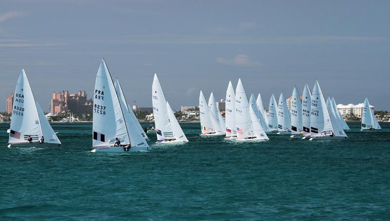 The fleet with Paradise Island in the background at the Star Sailors League SSL Finals 2016 photo copyright Mark Jardine taken at Nassau Yacht Club and featuring the  class