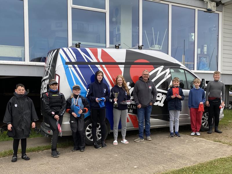 Prizewinners and some competitors in front of the Topper Van at the ITCA Midlands Topper Championship photo copyright Kathryn Hinsliff-Smith taken at Notts County Sailing Club and featuring the Topper class