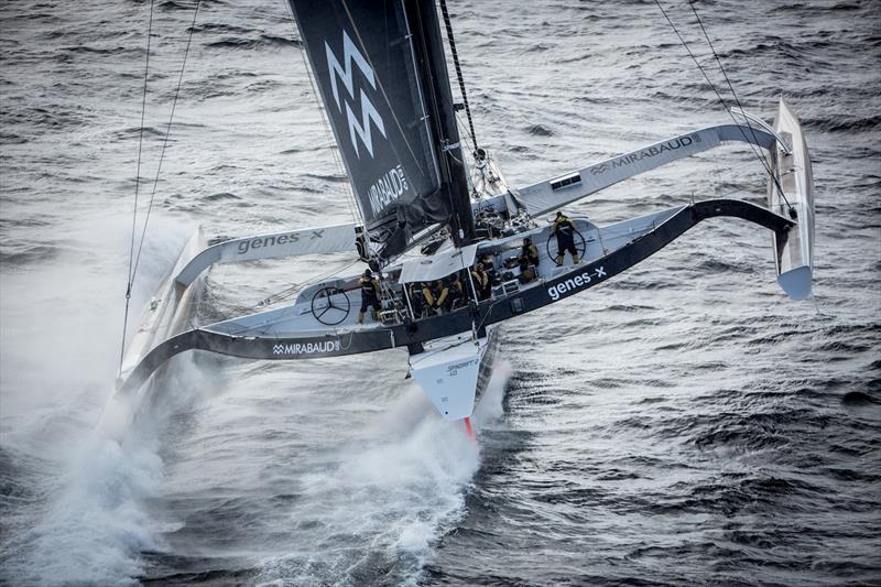 Yann Guichard and Spindrift 2 start their Jules Verne Trophy record attempt photo copyright Eloi Stichelbaut taken at  and featuring the Trimaran class