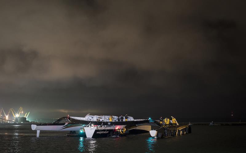 Spindrift 2 dismasts on way to start of Jules Verne Trophy attempt photo copyright Chris Schmid / Spindrift racing taken at  and featuring the Trimaran class