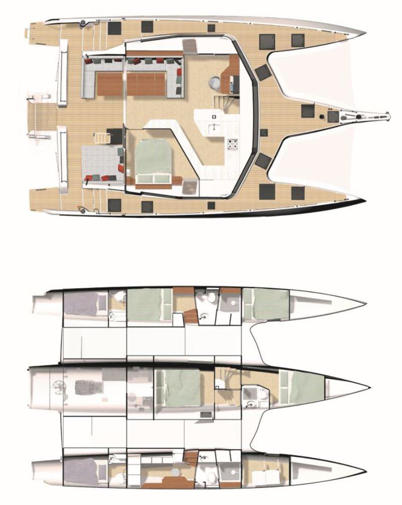 Neel 52 sky deck view - Either a cabin on the main deck – 4 cabin layout (2 options are shown here: port side forepeak sleeping area and 2 crew cabins) photo copyright Neel Trimarans taken at  and featuring the Trimaran class