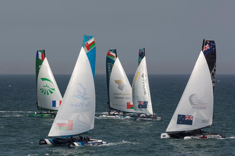 The Wave, Muscat lead the fleet downwind on day 4 of Extreme Sailing Series Act 2 photo copyright Lloyd Images taken at Oman Sail and featuring the Extreme 40 class