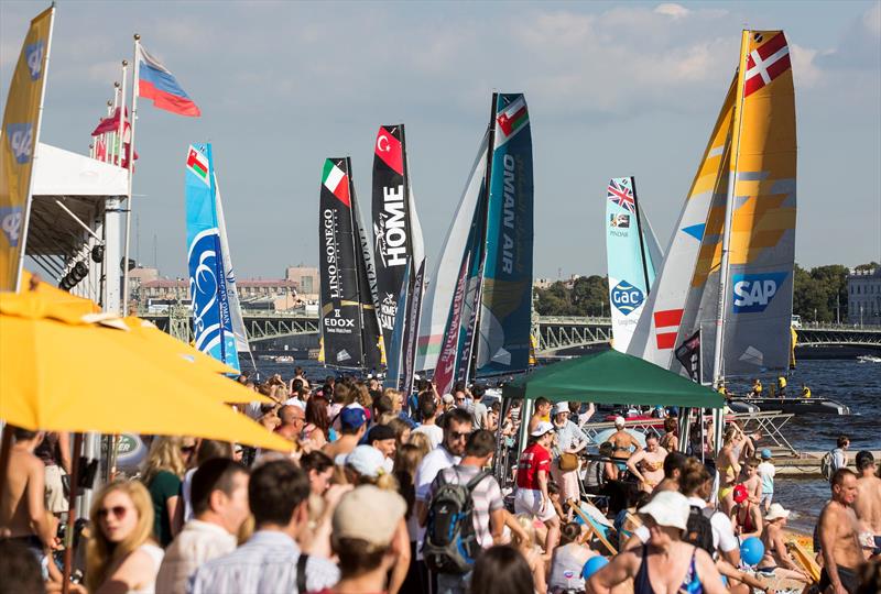 Spectators line the beach in the Race Village to watch the fleet on the River Neva on day 3 of Extreme Sailing Series Act 6, St Petersburg photo copyright Lloyd Images taken at  and featuring the Extreme 40 class