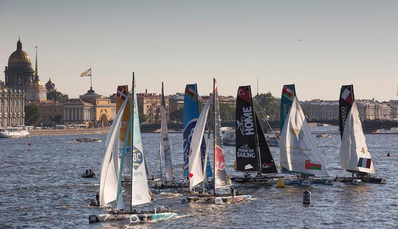 GAC Pindar lead the Extreme 40 feet downwind in the last race on day 3 of Extreme Sailing Series Act 6, St Petersburg photo copyright Lloyd Images taken at  and featuring the Extreme 40 class