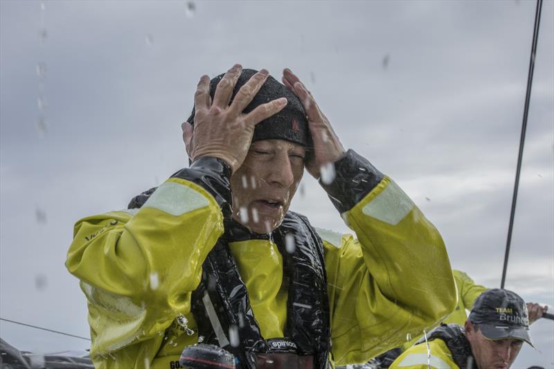 Abby Ehler ducks for cover during Volvo Ocean Race Leg 2: Lisbon to Cape Town photo copyright Rich Edwards / Volvo Ocean Race taken at  and featuring the Volvo One-Design class