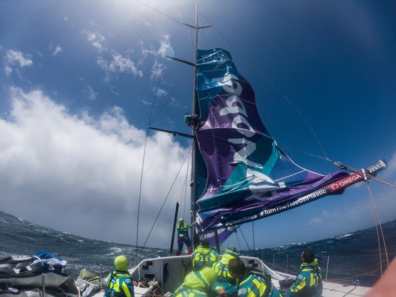 AkzoNobel crew climb the damaged mast after suffering a sail track issue - now under repair 14 December, 2017 photo copyright James Blake / Volvo Ocean Race taken at  and featuring the Volvo One-Design class