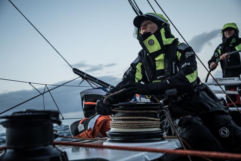 Leg 3, Cape Town to Melbourne, day 08, on board Dongfeng. Carolijn Brouwer before the sunrise, ready for another gybe. - photo © Martin Keruzore / Volvo Ocean Race