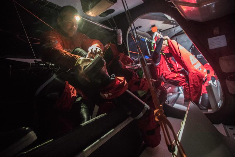 Blair Tuke pulls on his boots MAPFRE - Day 7, Leg 3 photo copyright Jen Edney / Volvo Ocean Race taken at  and featuring the Volvo One-Design class