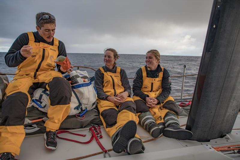 Leg 3, Cape Town to Melbourne, day 16, on board Turn the Tide on Plastic. Bleddyn Mon is one of the rare person to still enjoy the freeze dry food after 15 days at sea. - photo © Jeremie Lecaudey / Volvo Ocean Race