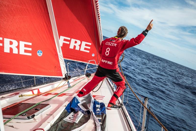 Volvo Ocean Race Leg 4, Melbourne to Hong Kong, day 05 on board MAPFRE, Sophie Ciszek giving instructions from the bow during a pilling photo copyright Ugo Fonolla / Volvo Ocean Race taken at  and featuring the Volvo One-Design class
