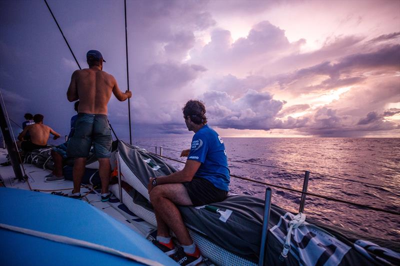 Leg 4, Melbourne to Hong Kong, day 11, sunrise on board Vestas 11th Hour brings ominous rain clouds, which after a night of consistent sailing and steady gains, risks everything photo copyright Amory Ross / Volvo Ocean Race taken at  and featuring the Volvo One-Design class