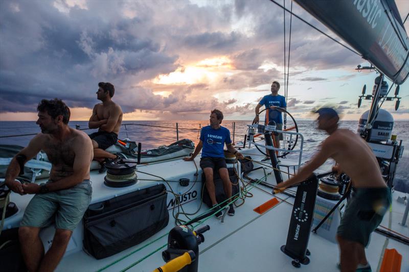 Leg 4, Melbourne to Hong Kong, day 11, the crew on board Vestas 11th Hour prepare for the randomness of a sunrise rain cloud photo copyright Amory Ross / Volvo Ocean Race taken at  and featuring the Volvo One-Design class