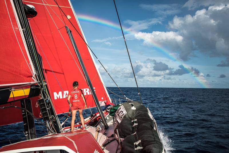 Leg 4, Melbourne to Hong Kong, day 12 on board MAPFRE Sophie Ciszek at the bow with a reinbow in the sky photo copyright Ugo Fonolla / Volvo Ocean Race taken at  and featuring the Volvo One-Design class