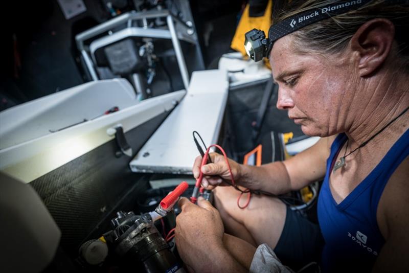 Volvo Ocean Race Leg 4, Melbourne to Hong Kong, Day 13 onboard Turn the Tide on Plastic. General Boat Captain Genius saving the day by firstly finding the problem to the probelm water maker pump and then fixing it - all back and running photo copyright Brian Carlin / Volvo Ocean Race taken at  and featuring the Volvo One-Design class