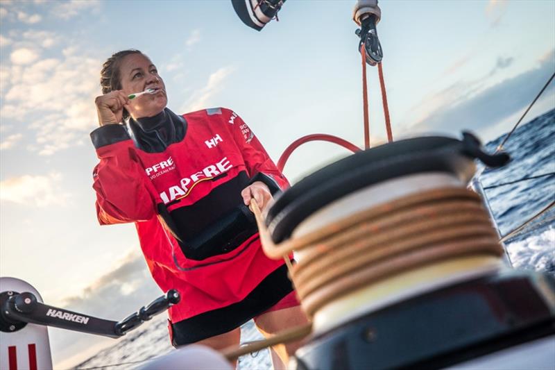 Volvo Ocean Race Leg 4, Melbourne to Hong Kong, day 15 on board MAPFRE, life on board, when you dont have enough time for yourself, Sophie Ciszek in a busy morning. - photo © Ugo Fonolla / Volvo Ocean Race
