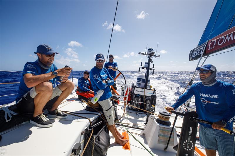 Leg 4, Melbourne to Hong Kong, day 15, drier conditions in the morning always draw a crowd on deck for casual socialising on board Vestas 11th Hour photo copyright Amory Ross / Volvo Ocean Race taken at  and featuring the Volvo One-Design class