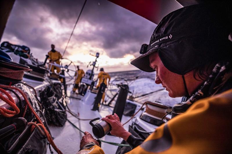 Leg 4, Melbourne to Hong Kong, Day 17 onboard Turn the Tide on Plastic. Elodie Mettraux making the morning coffee photo copyright Brian Carlin / Volvo Ocean Race taken at  and featuring the Volvo One-Design class