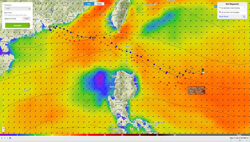 Scallywag showing changed coure recommendations as at 1300hrs on January 17 - all recommending an immediste gybe. - photo © Predictwind.com