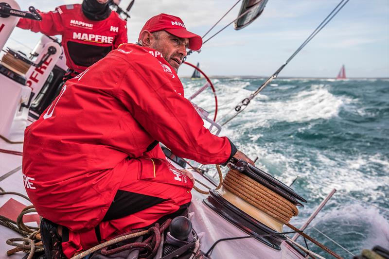 Leg 4, Melbourne to Hong Kong, day 01 on board MAPFRE, Leg start, Xabi Fernandez trimming the front sail with Brunel and Dongfeng in the background photo copyright Ugo Fonolla / Volvo Ocean Race taken at  and featuring the Volvo One-Design class