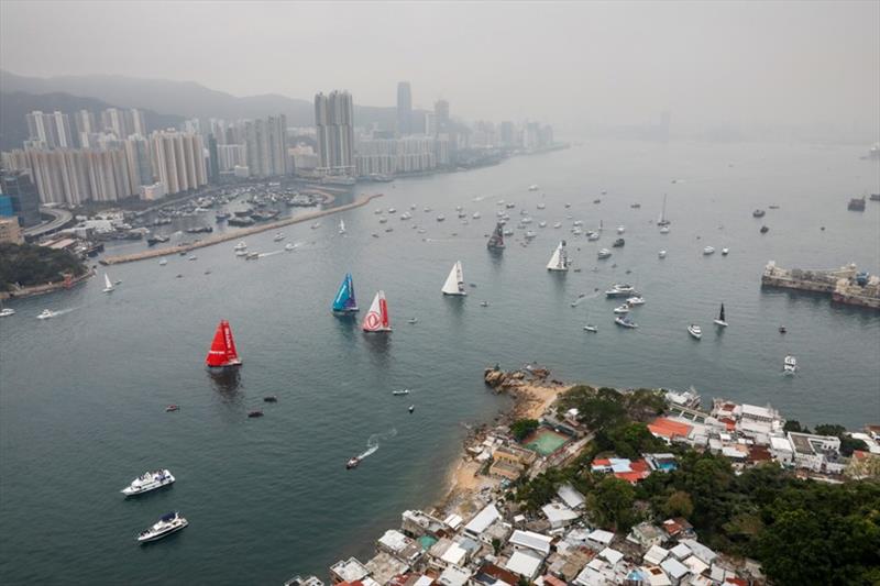 Aerial view of the fleet in very light airs for the Around Hong Kong Island Race in Hong Kong photo copyright Ainhoa Sanchez / Volvo Ocean Race taken at  and featuring the Volvo One-Design class