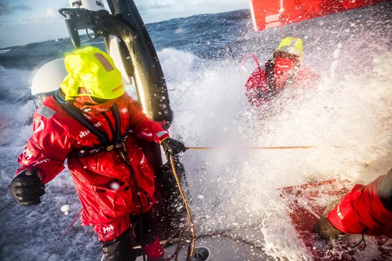 Volvo Ocean Race Leg 7 from Auckland to Itajai, day 09 on board MAPFRE, Xabi Fernandez and Blair Tuke fighting against southern ocean waves photo copyright Ugo Fonolla / Volvo Ocean Race taken at  and featuring the Volvo One-Design class