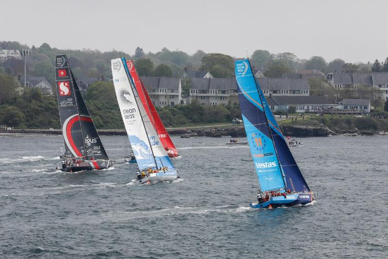 Vestas 11th Hour Racing starting Leg 9 along the Newport shoreline photo copyright Ainoha Sanchez / Volvo Ocean Race taken at  and featuring the Volvo One-Design class
