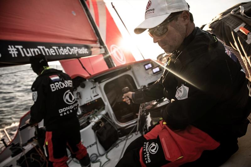 Volvo Ocean Race Leg 10, from Cardiff to Gothenburg, day 02, on board Dongfeng. Daryl Wislang in action triming the traveler. - photo © Martin Keruzore / Volvo Ocean Race