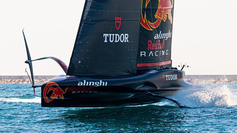 Tail plane deflects foil arm spray - Alinghi Red Bull Racing- AC75 - Day 6 - April 24, 2024 - Barcelona photo copyright Ugo Fonolla / America's Cup taken at Société Nautique de Genève and featuring the AC75 class