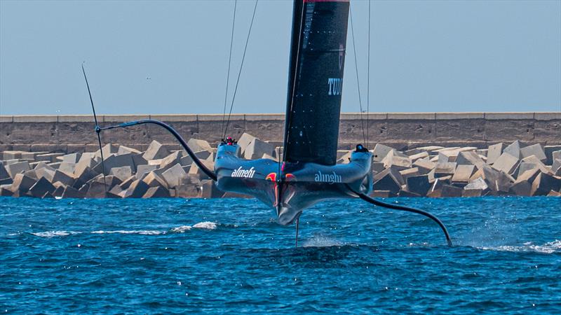 The tail-plane is tucked behind the topside and not visible in this image - Alinghi Red Bull Racing- AC75 - Day 6 - April 24, 2024 - Barcelona - photo © Ugo Fonolla / America's Cup