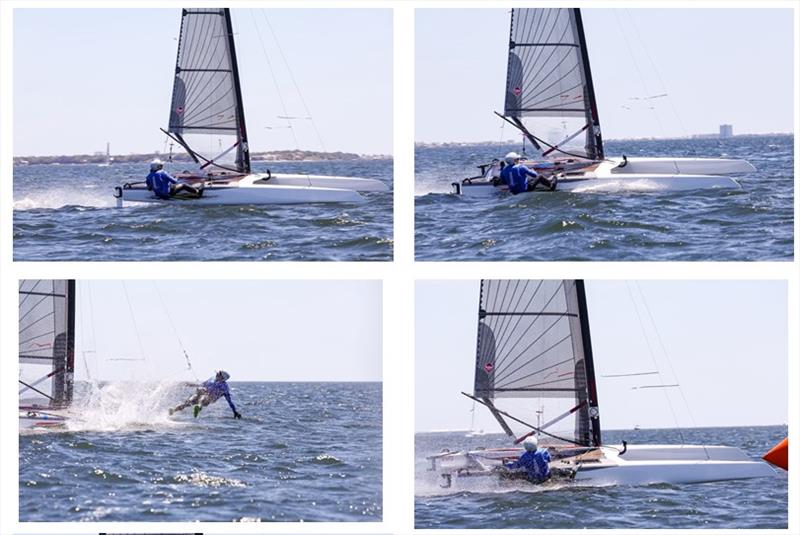 Richard Stevens (USA 294) finds his footing (or not) - A-Class Catamaran North American Championships - photo © Tim Ludvigsen