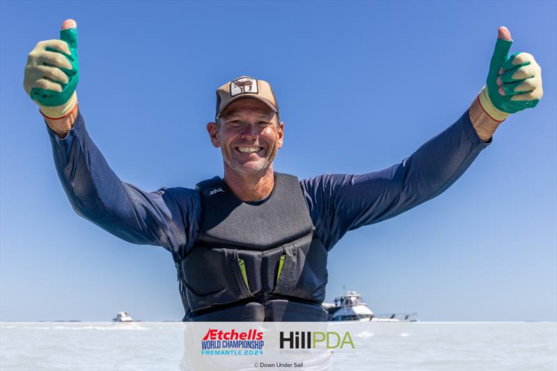 Graeme Taylor celebrates winning the 2024 Etchells World Championships photo copyright Suellen Hurling for Live Sail Die and Down Under Sail taken at Fremantle Sailing Club and featuring the Etchells class